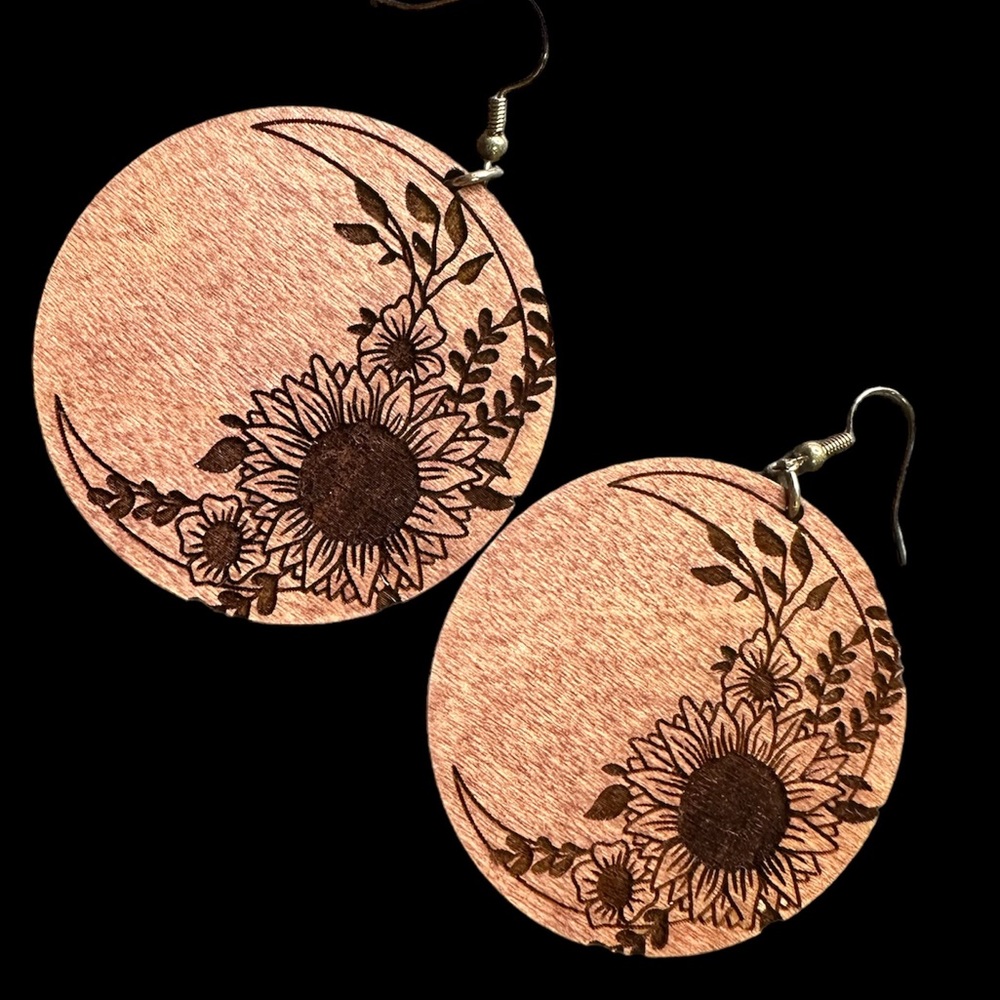 Wood Round Moon Earrings